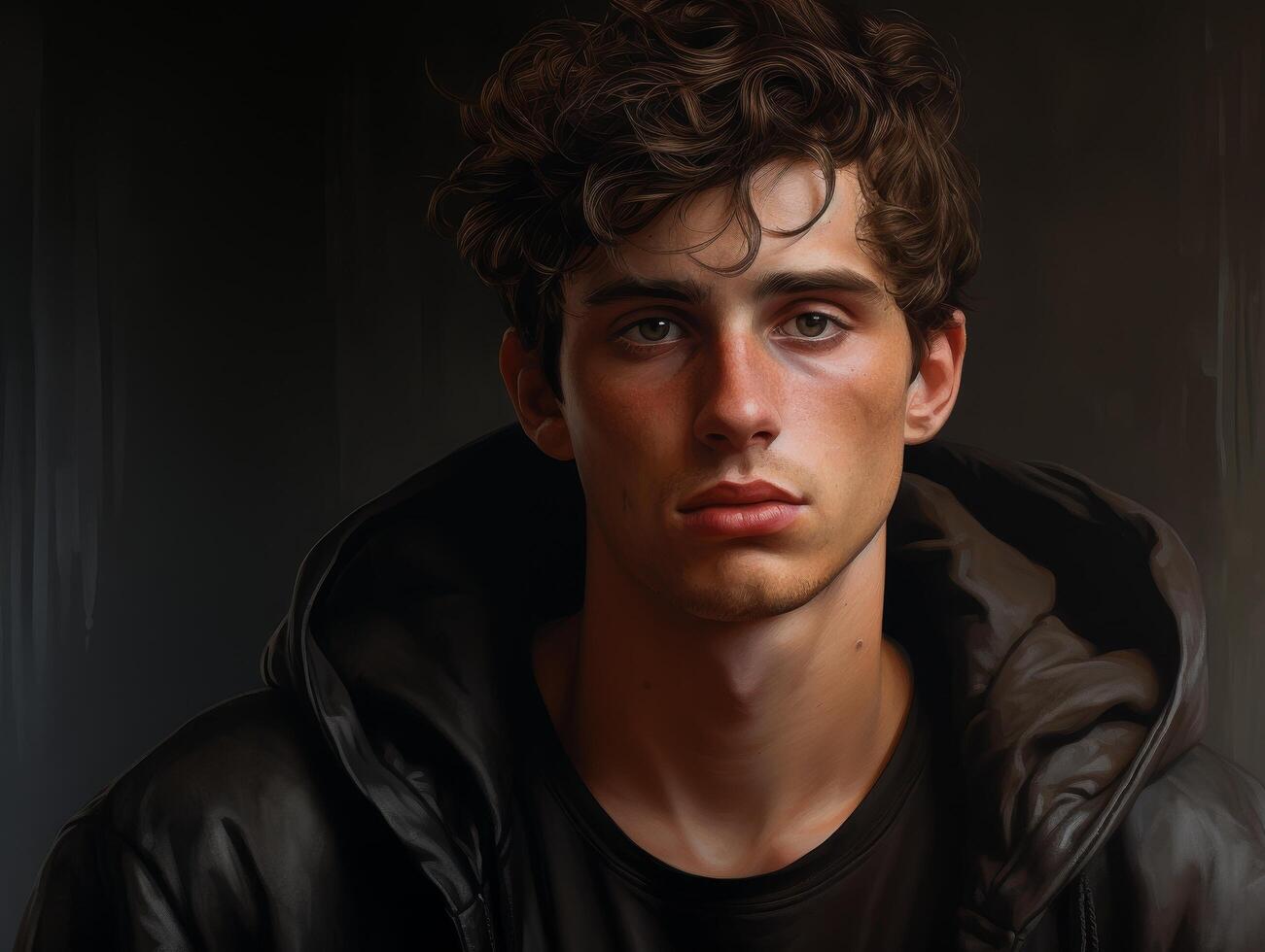 Pensive young man with curly hair photo