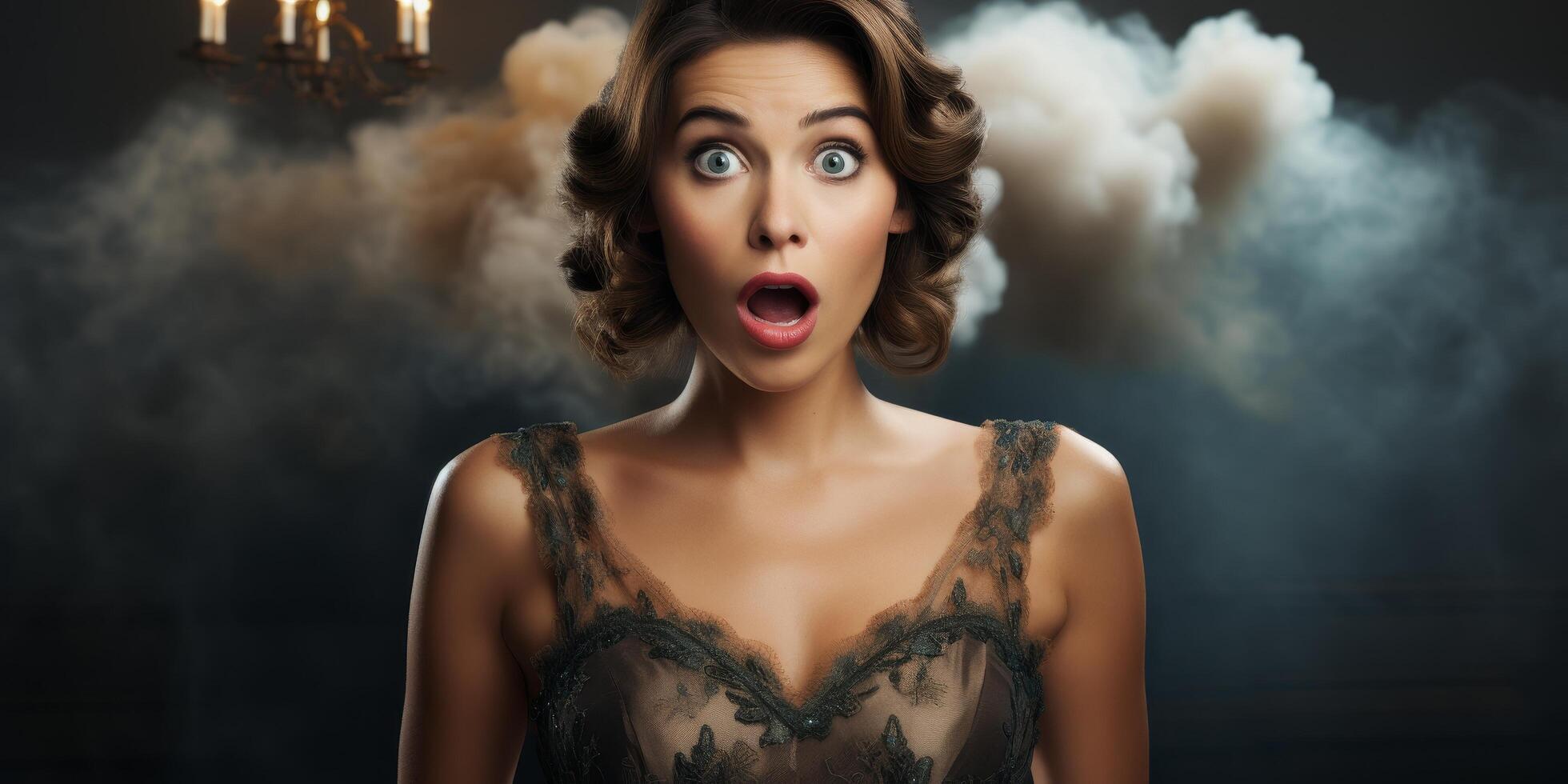 Surprised woman with dramatic makeup and curly hair photo
