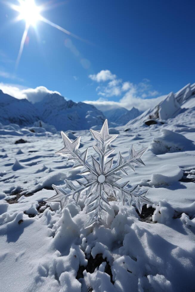 Stunning snowflake in snowy winter landscape photo