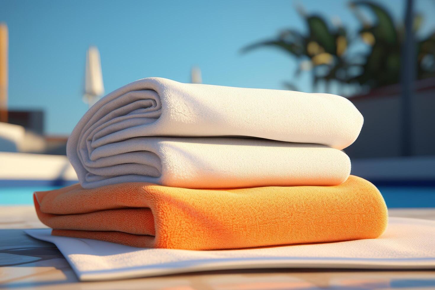 Stacked towels by the pool photo