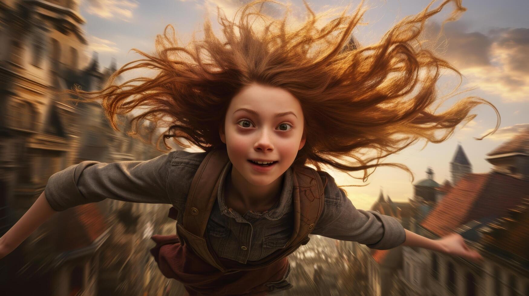 Joyful young woman with windblown hair photo