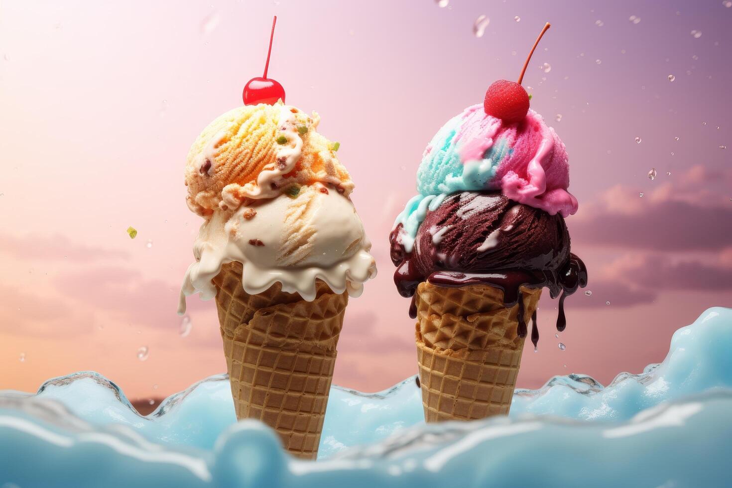 Colorful ice cream cones with toppings on a winter landscape photo