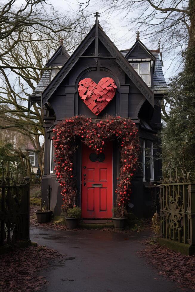 Charming gothic style house with heart shaped wreath for valentines day photo