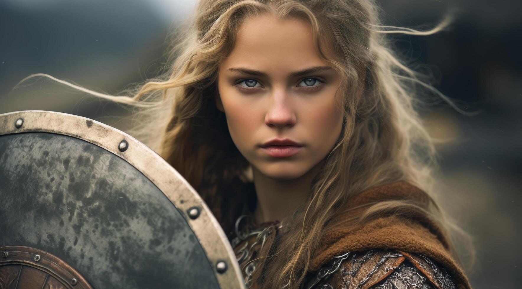 Fierce female warrior with shield and windblown hair photo