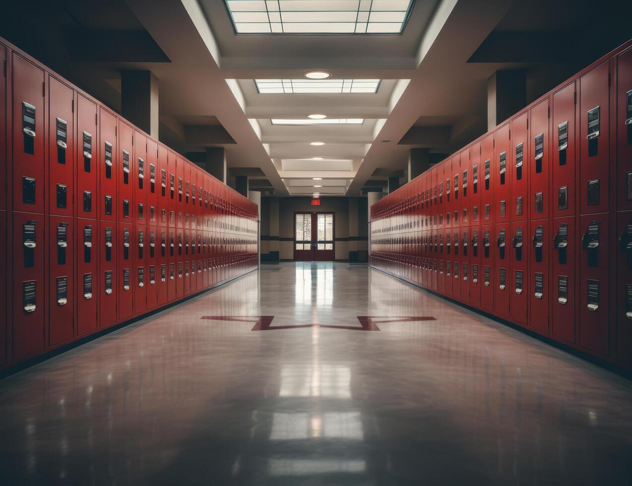 Empty school hallway with red lockers photo