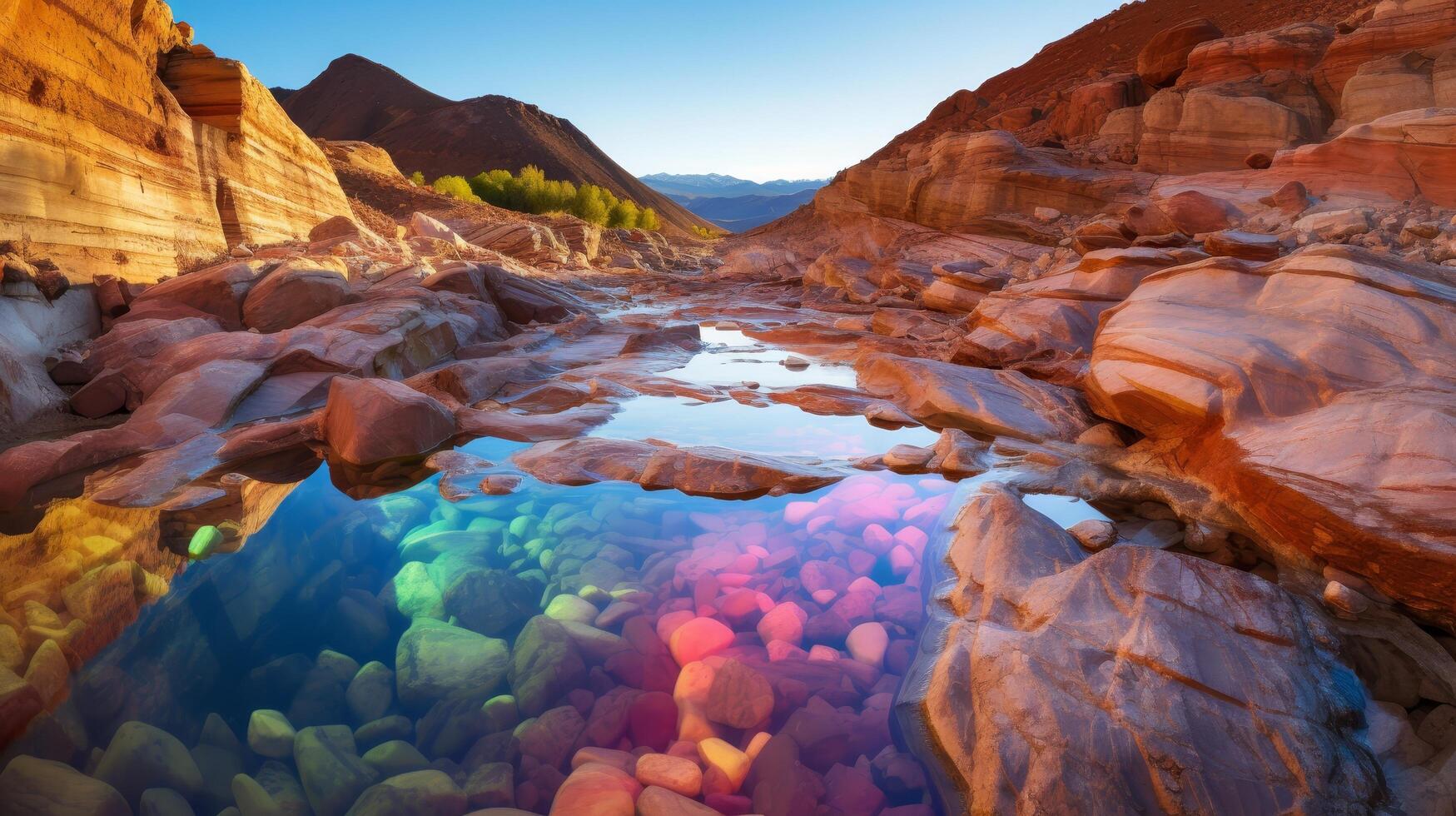 Vibrant desert landscape with colorful rocks and water reflections photo