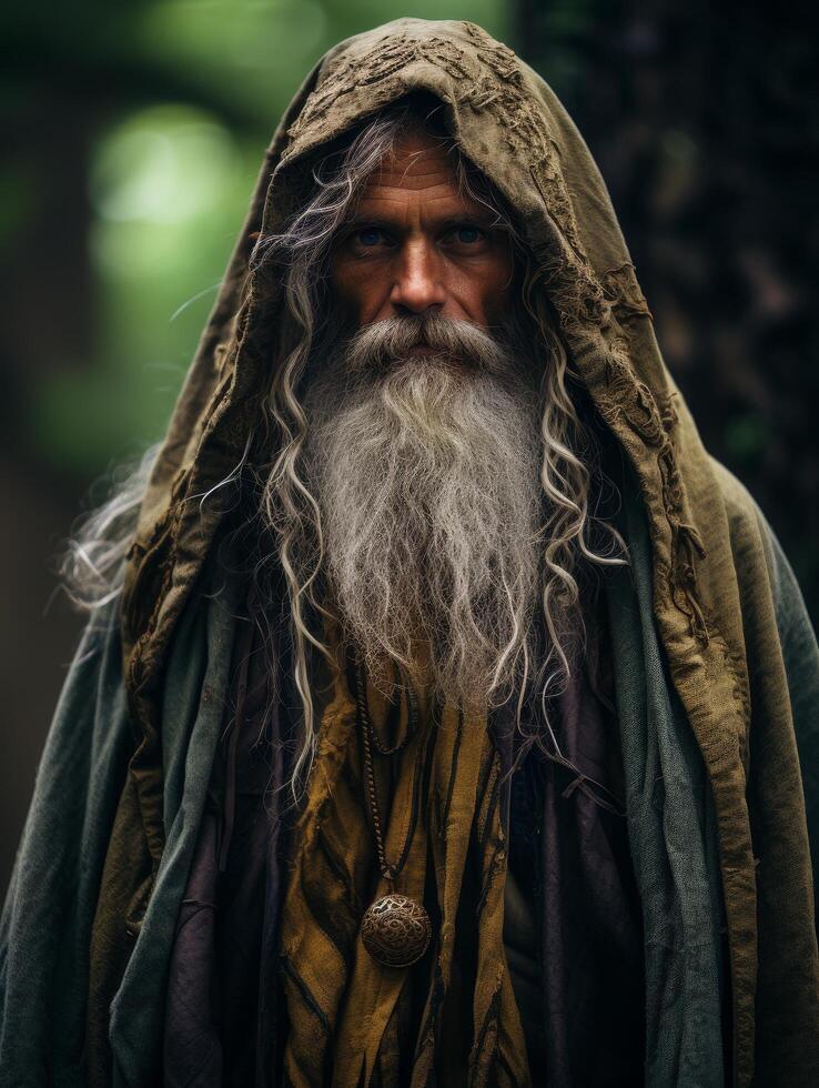 Mysterious hooded figure in the forest photo