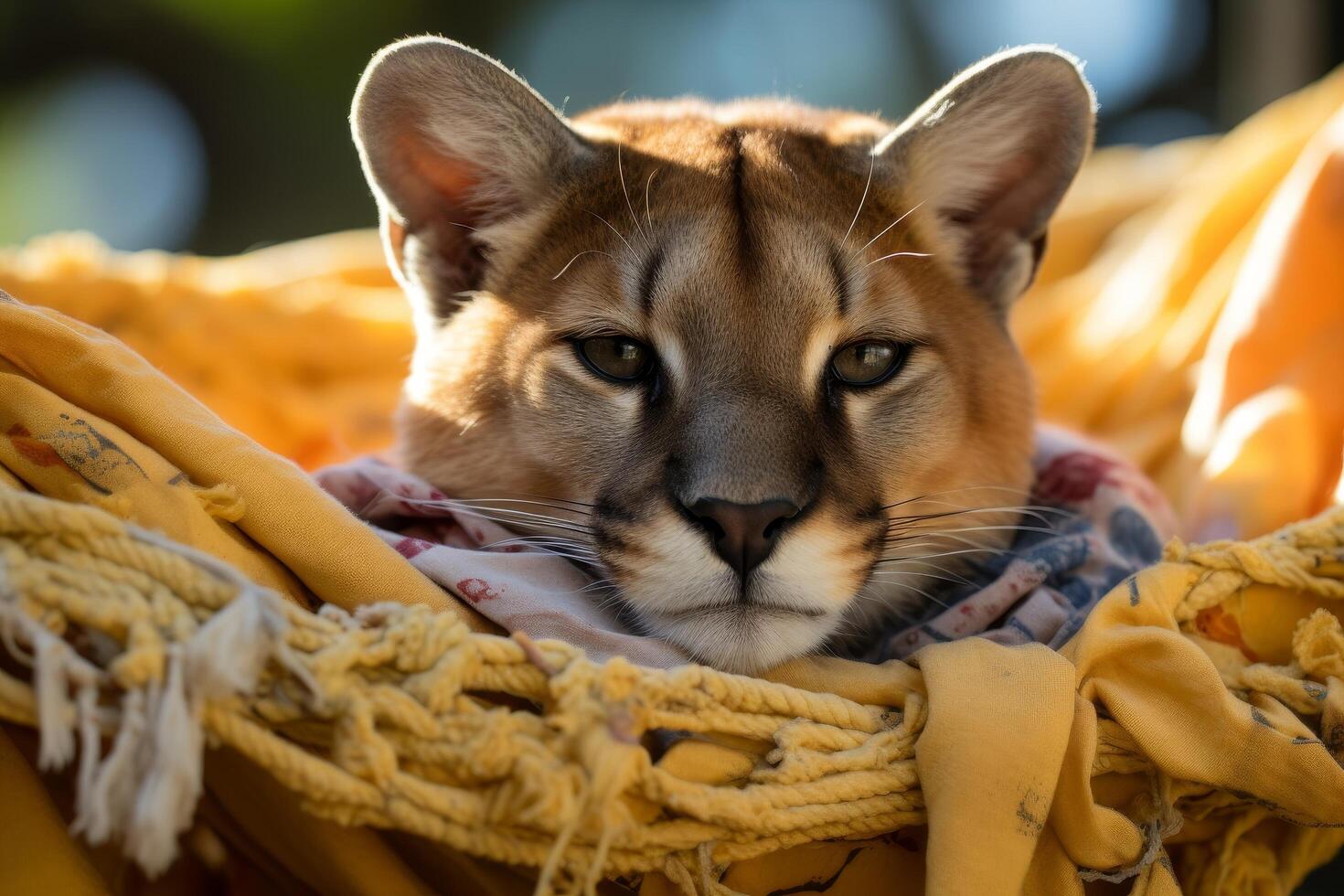 Closeup portrait of a cougar resting in a cozy nest photo