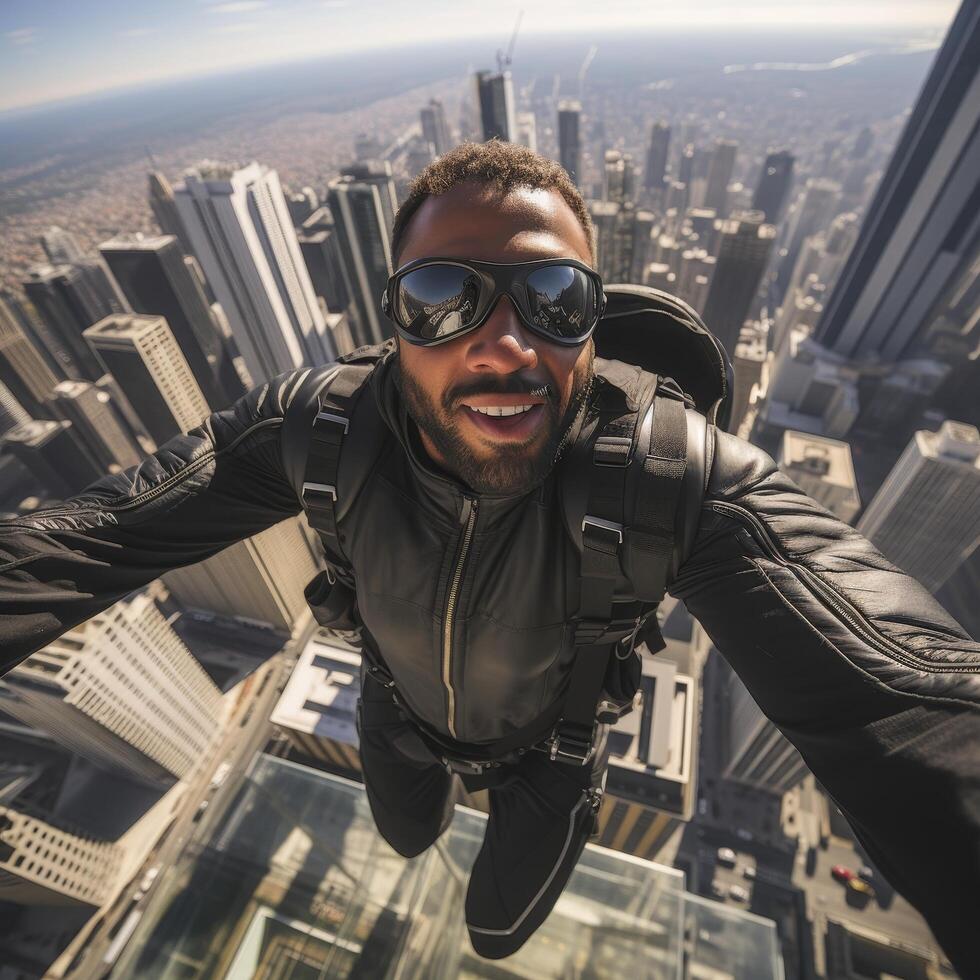 Daring skydiver soaring over modern city skyline photo