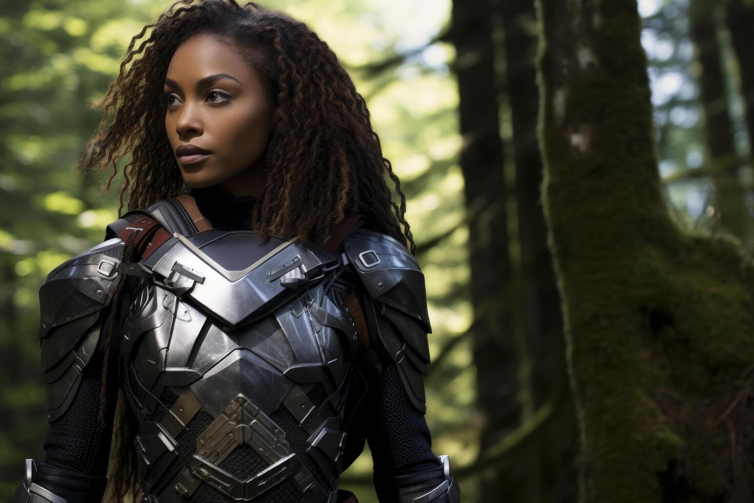 Futuristic warrior in forest photo