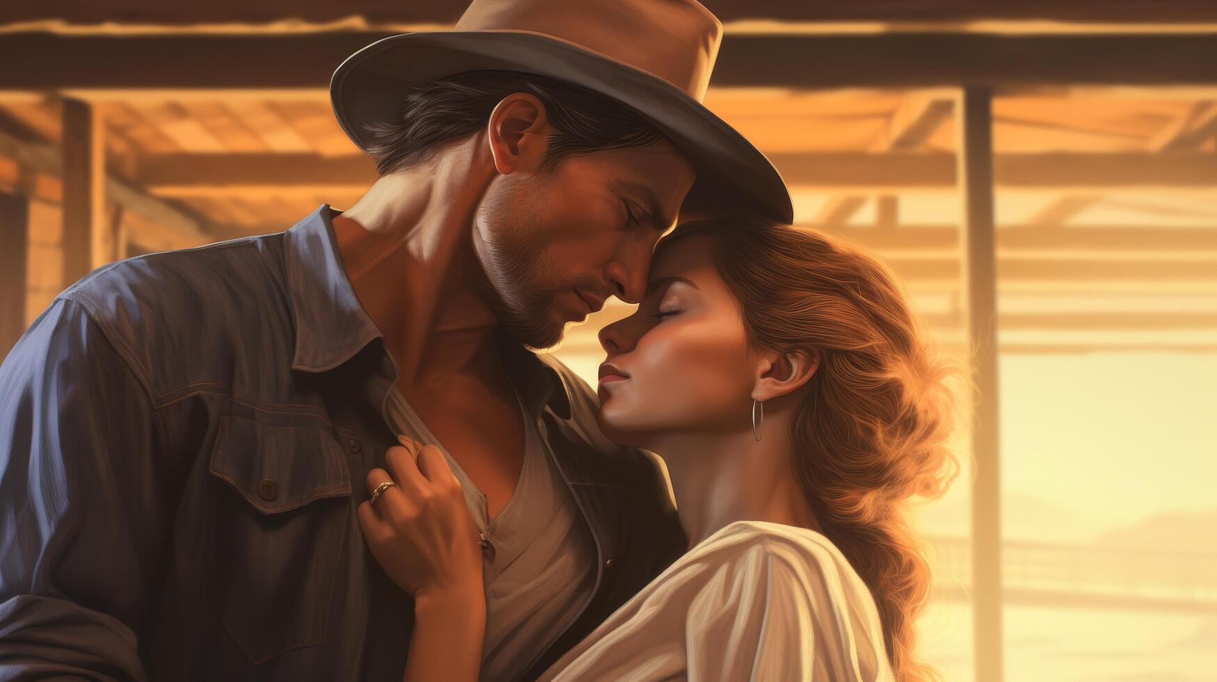romantic couple in cowboy attire embrace at sunset photo