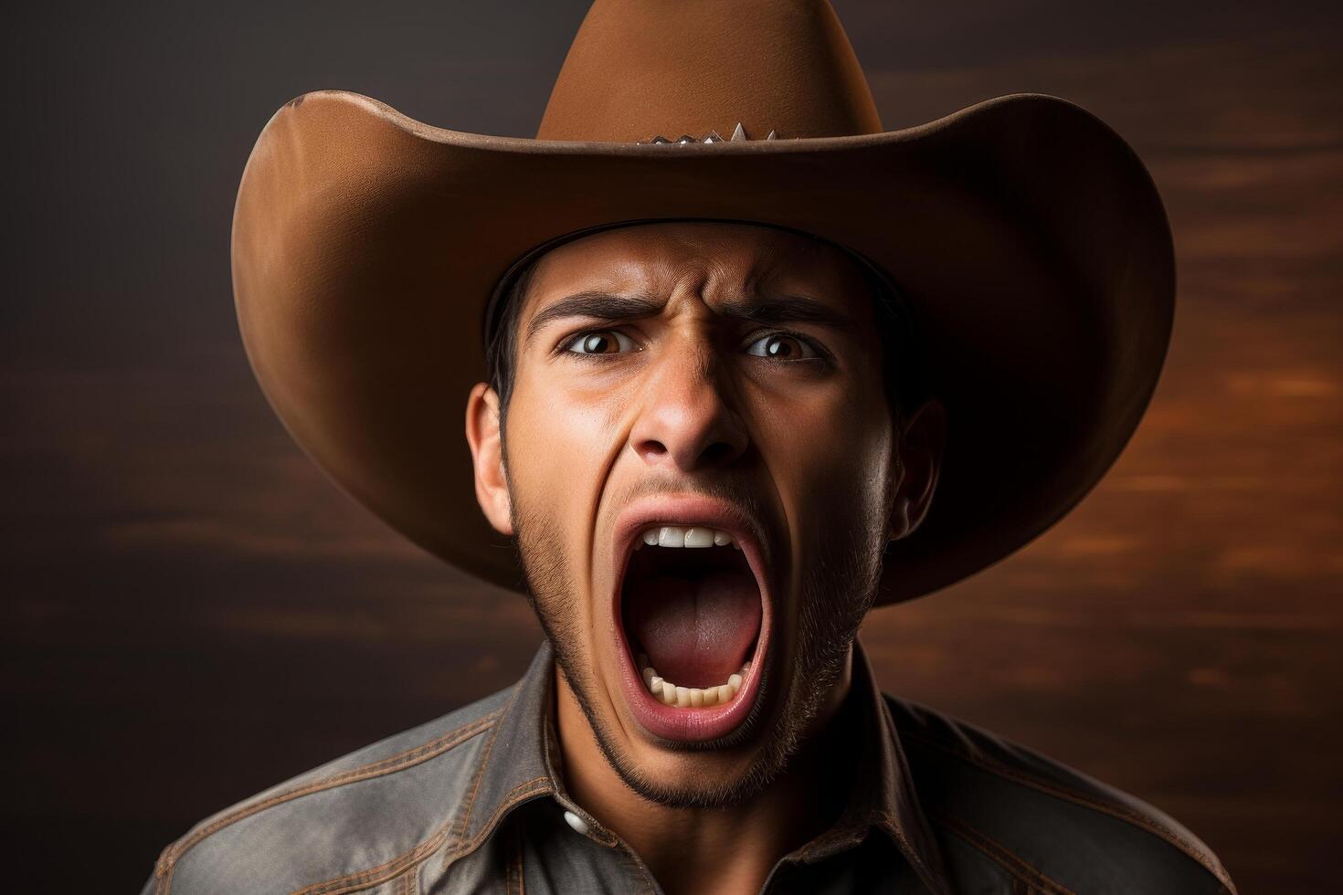 Angry cowboy yelling with open mouth photo