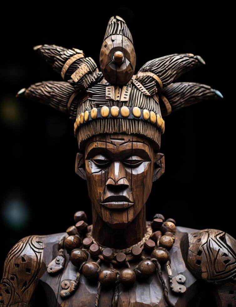 Intricate wooden tribal mask with feathers and beads photo
