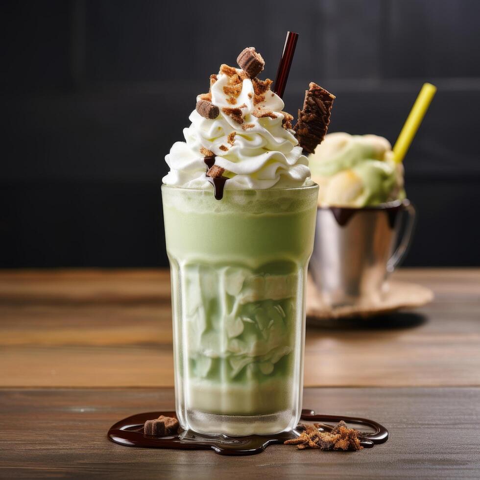 Delicious green tea milkshake with whipped cream and chocolate toppings photo