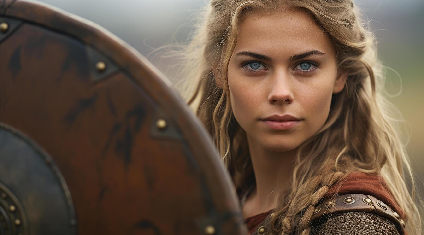 Fierce female warrior with shield photo