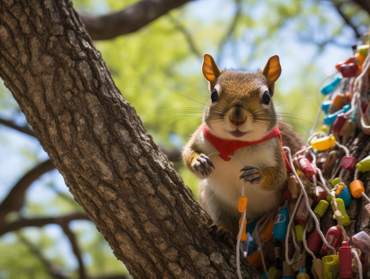 Curious squirrel in tree with colorful decorations photo