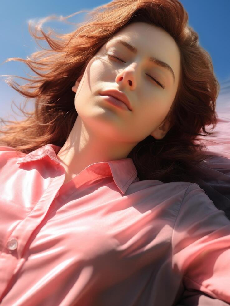 woman with windblown hair enjoying sunny day photo