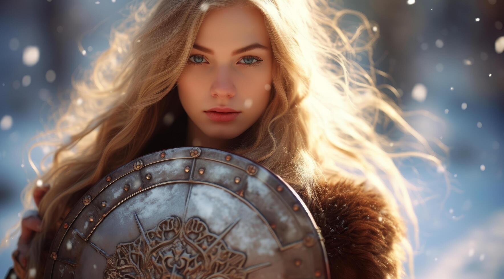 Powerful female warrior with shield in winter photo