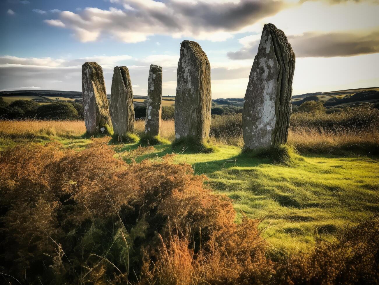 ancient stone monoliths in a scenic countryside landscape photo