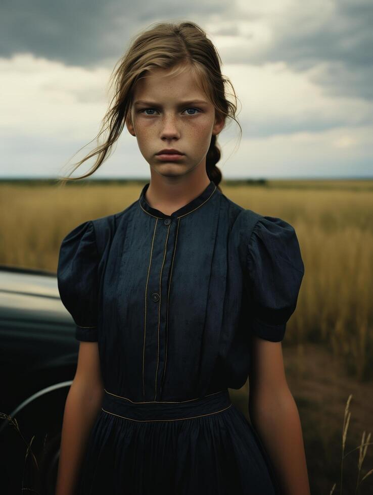 Pensive young girl in field photo