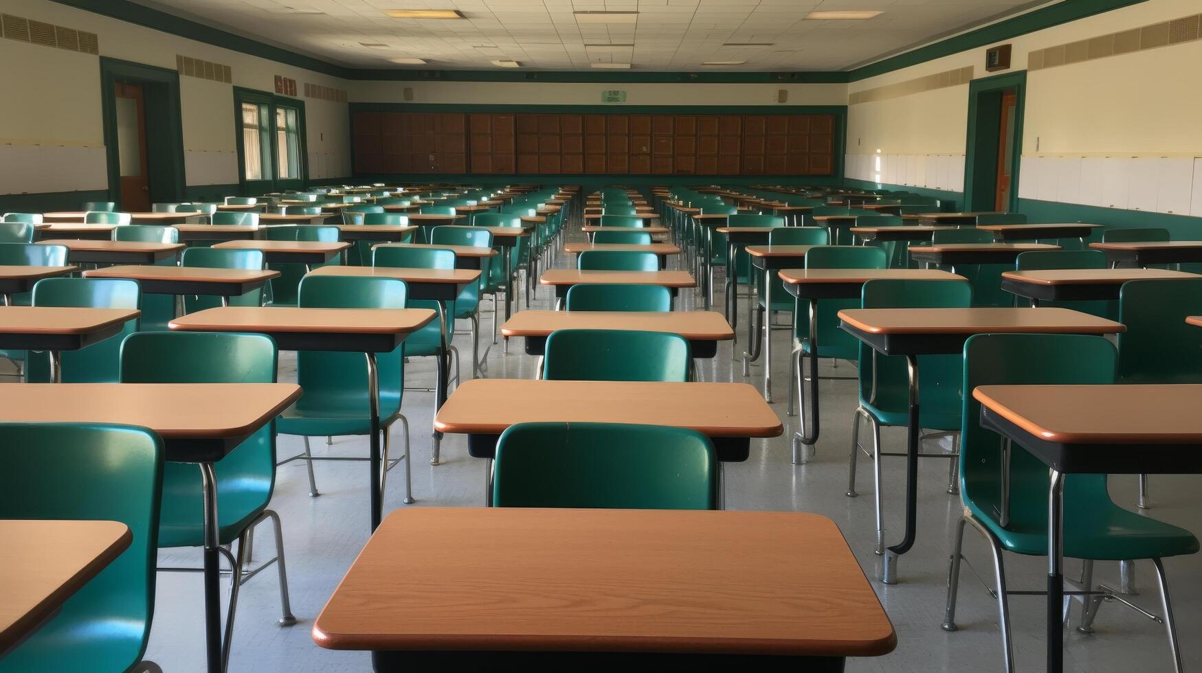 empty classroom with desks and chairs photo