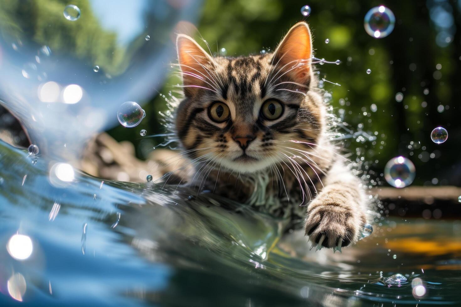 Curious cat peeking through water with bubbles photo