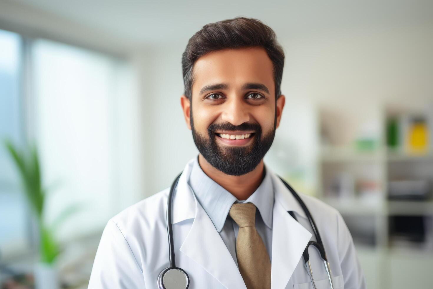 Smiling doctor in white coat with stethoscope photo