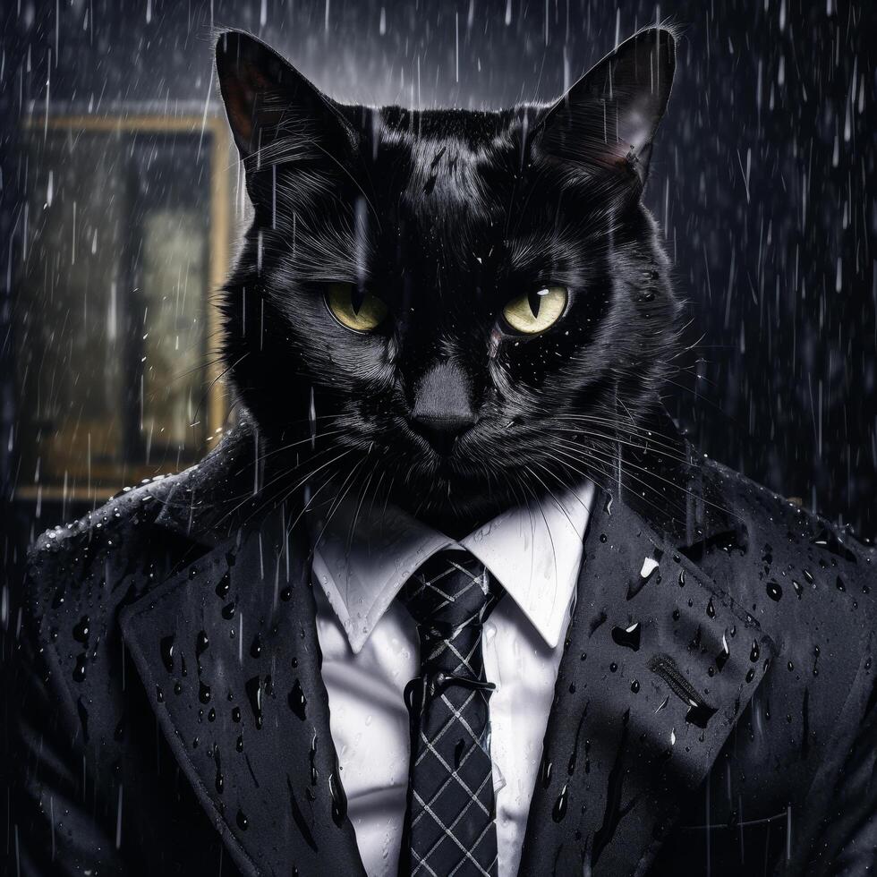 black cat in suit and tie in the rain photo