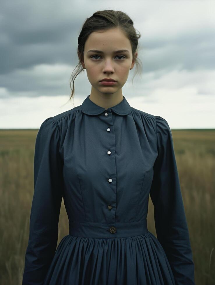 Pensive young woman in dark dress standing in field photo