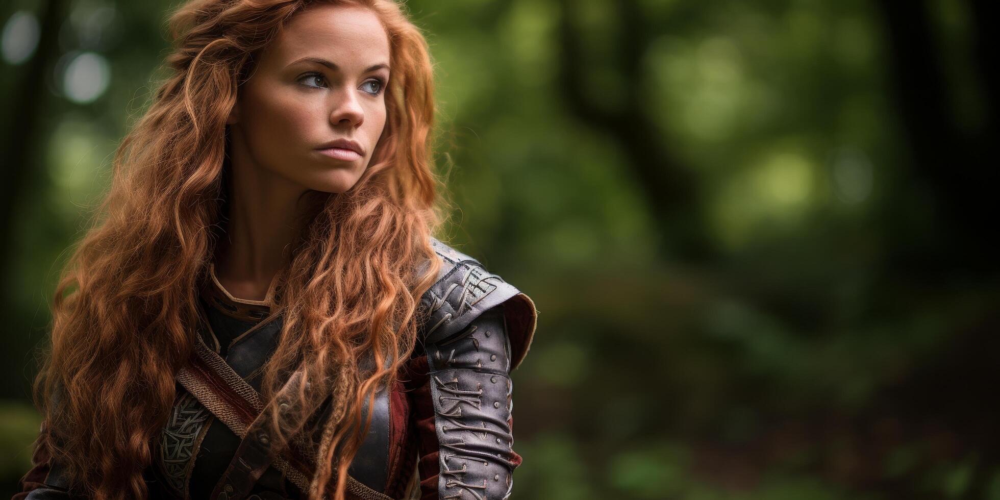 Fierce redheaded warrior woman in the forest photo
