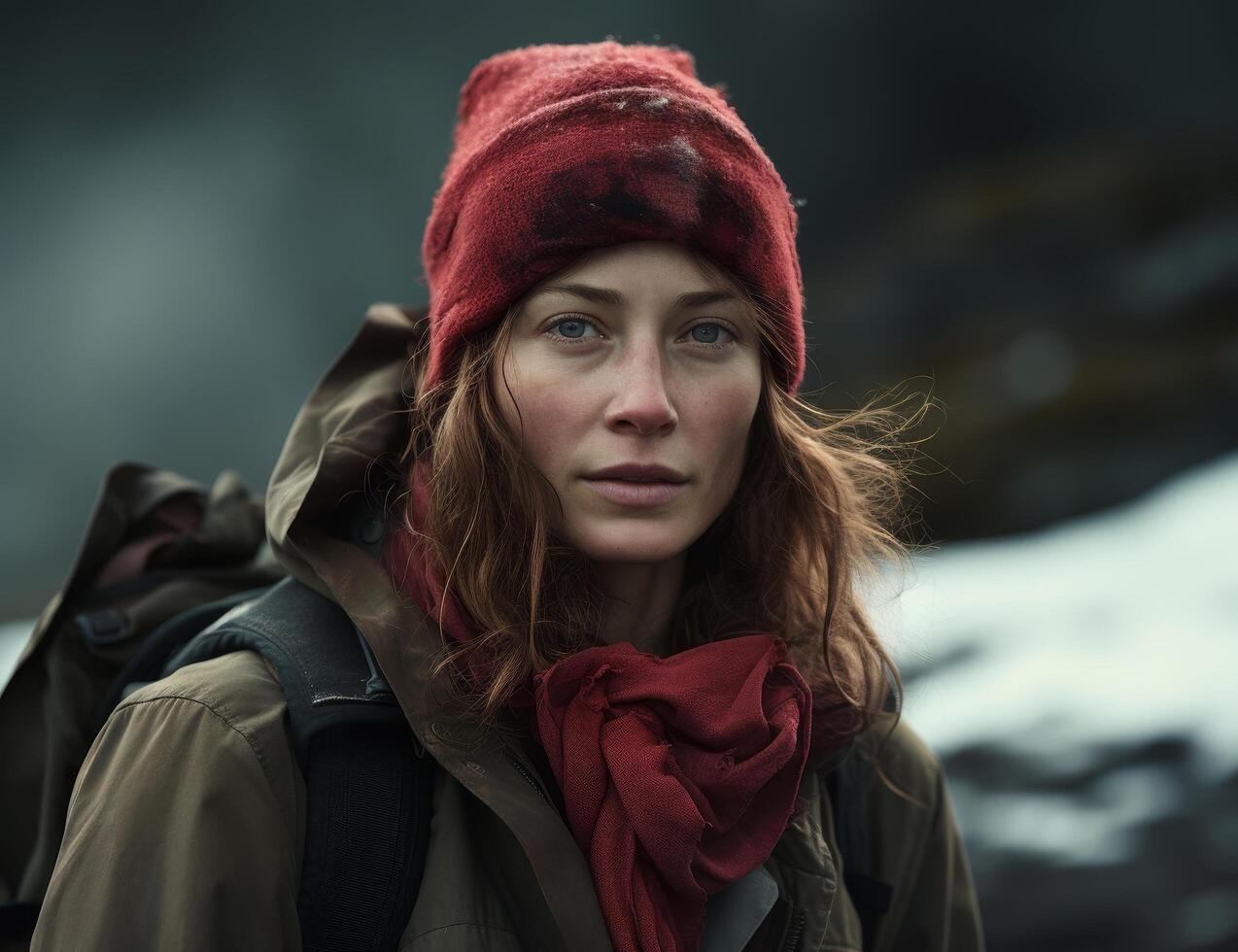 woman in red hat and scarf on snowy mountain photo