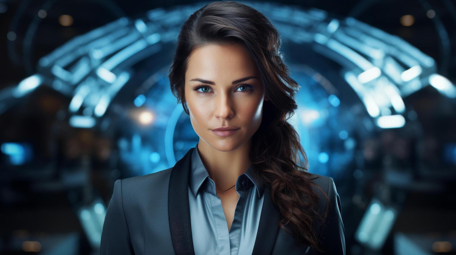 Confident businesswoman in futuristic setting photo