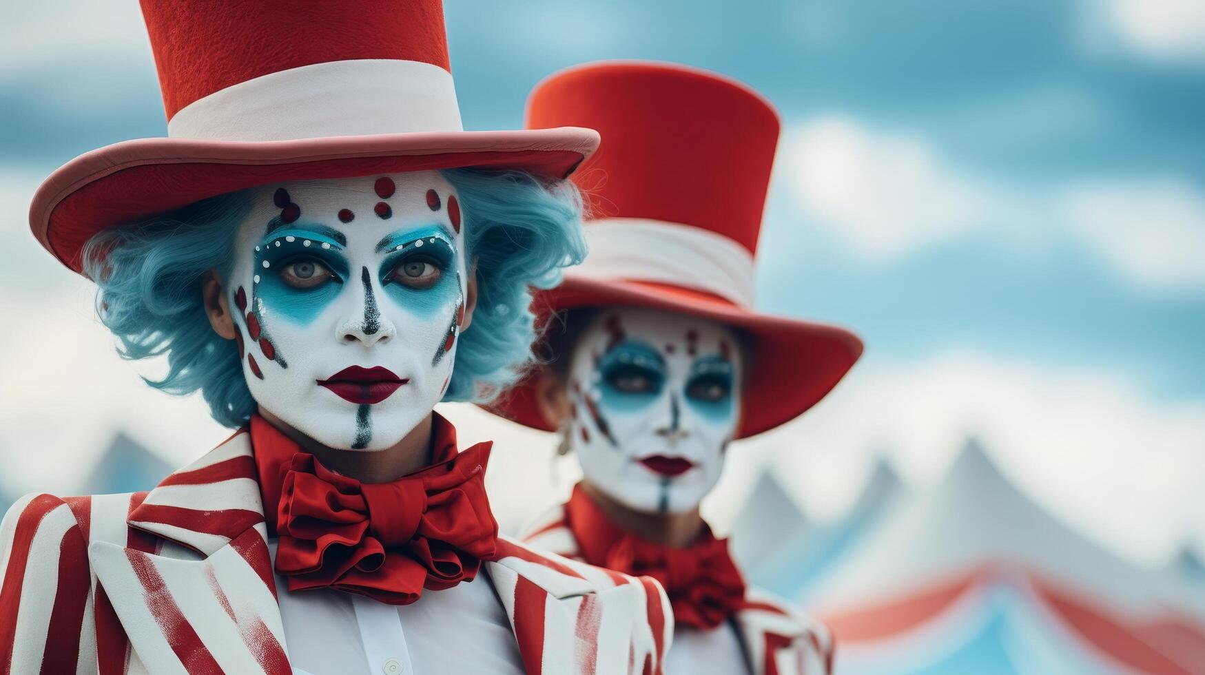 Colorful circus performers in red and white costumes photo