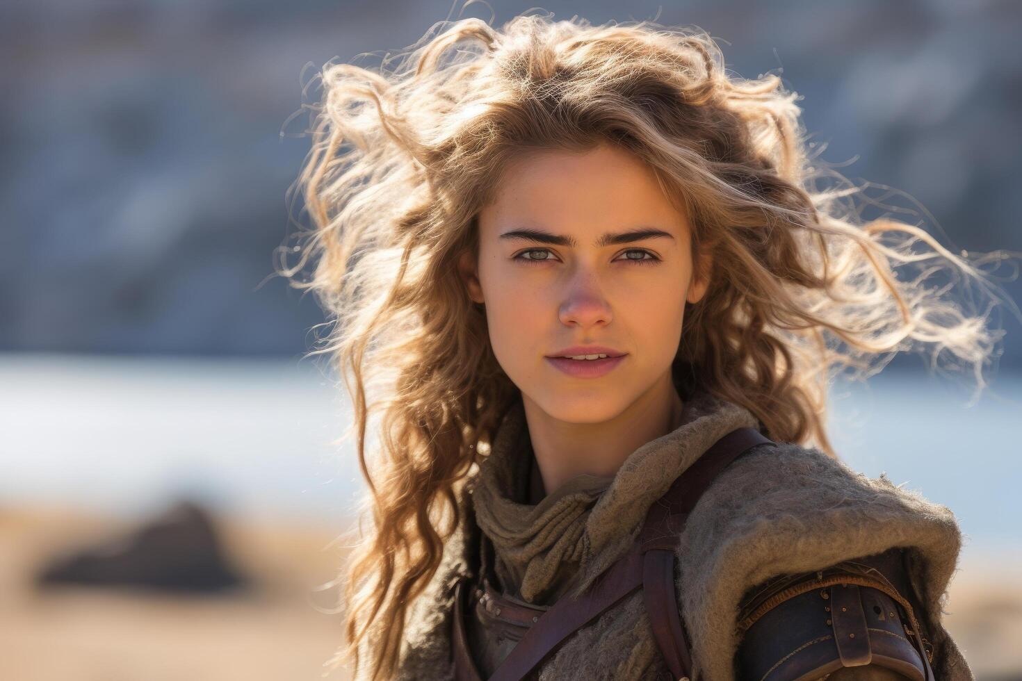 Windswept curly hair woman in winter coat photo