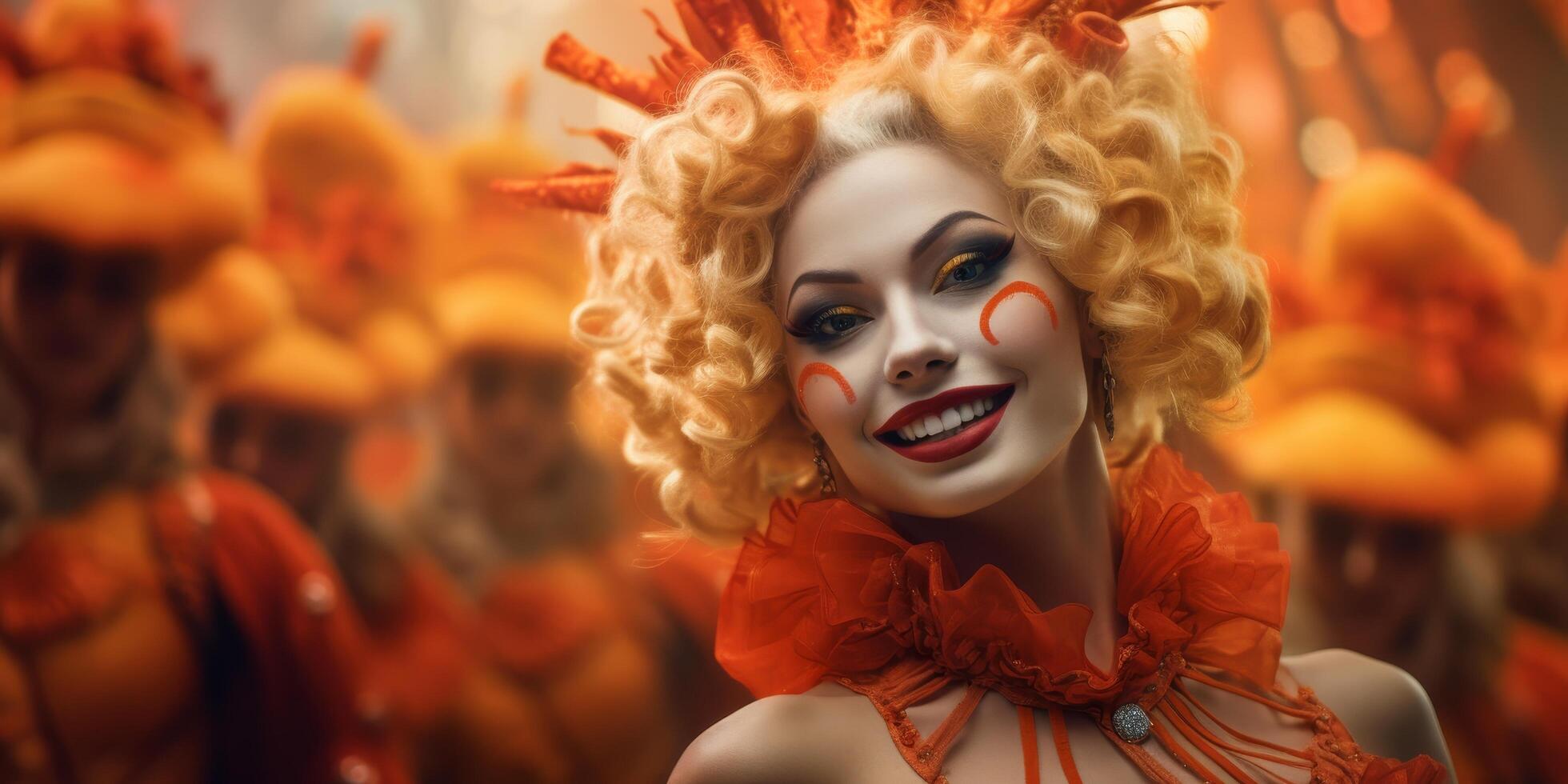Vibrant portrait of a smiling clown with curly blonde hair photo