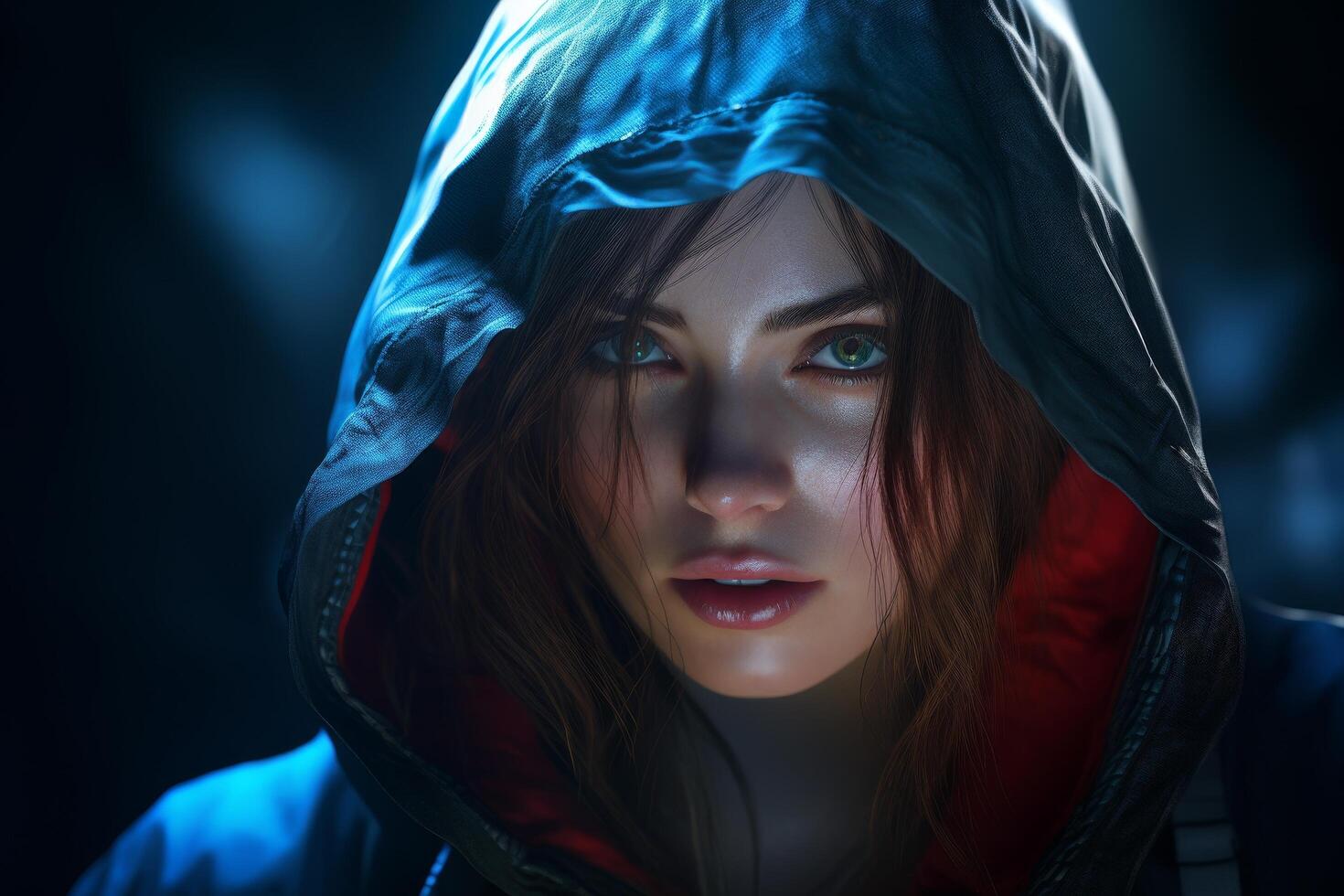 Mysterious hooded figure with intense gaze photo