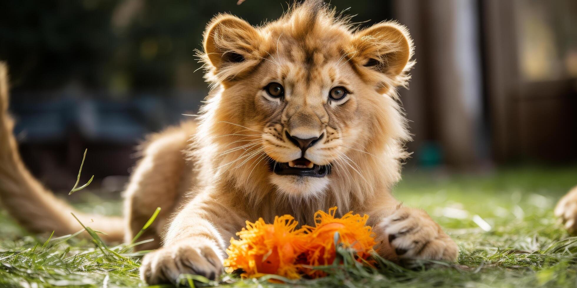 Cute lion cub playing with orange flower photo