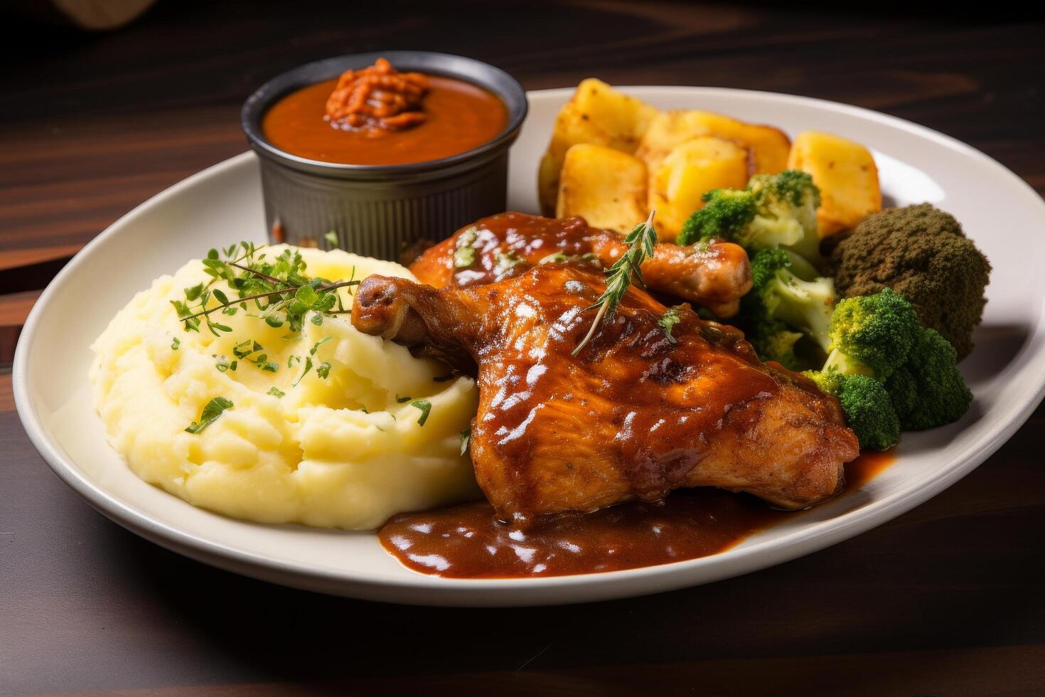 Hearty home cooked meal with roasted chicken, mashed potatoes, and steamed vegetables photo