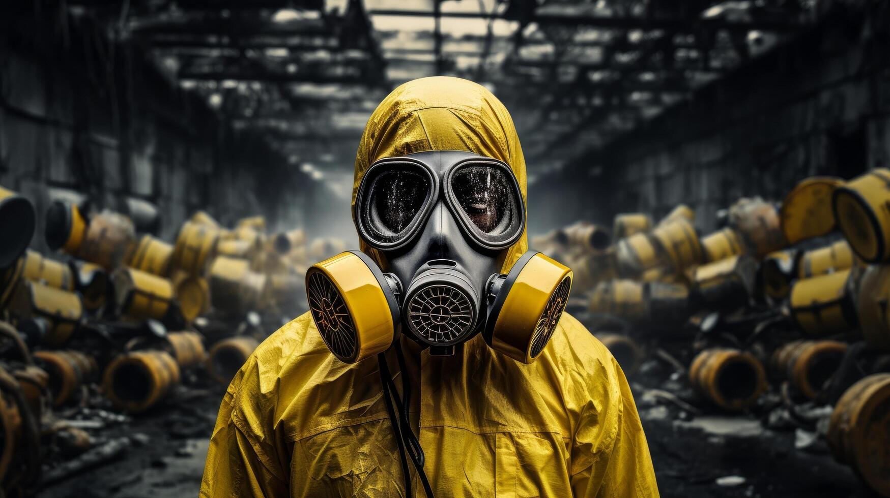 person in yellow hazmat suit standing in industrial setting photo
