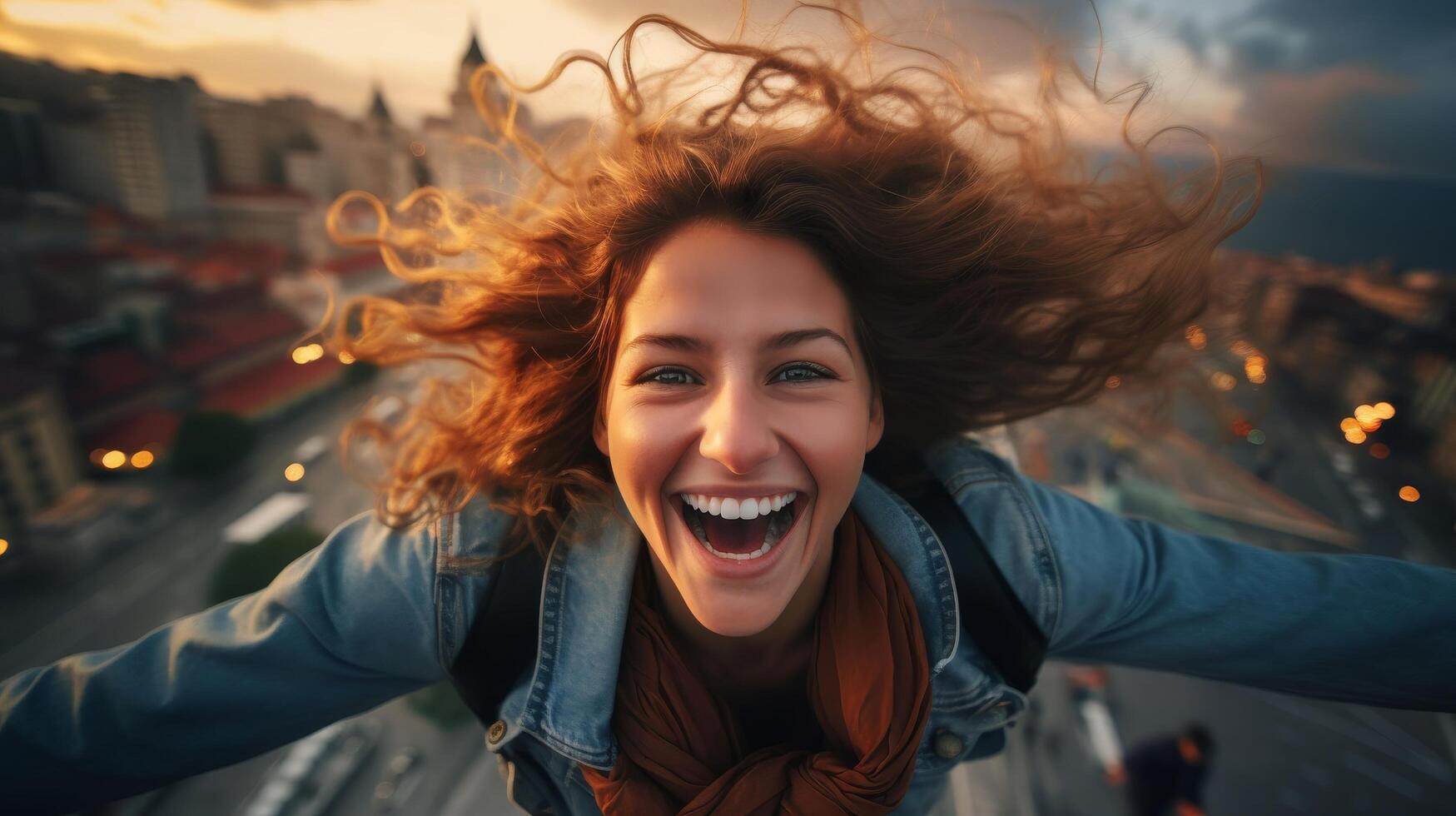 Joyful woman with windblown hair smiling at camera photo