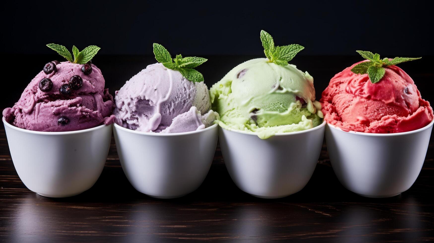 Assortment of colorful ice cream scoops in cups photo