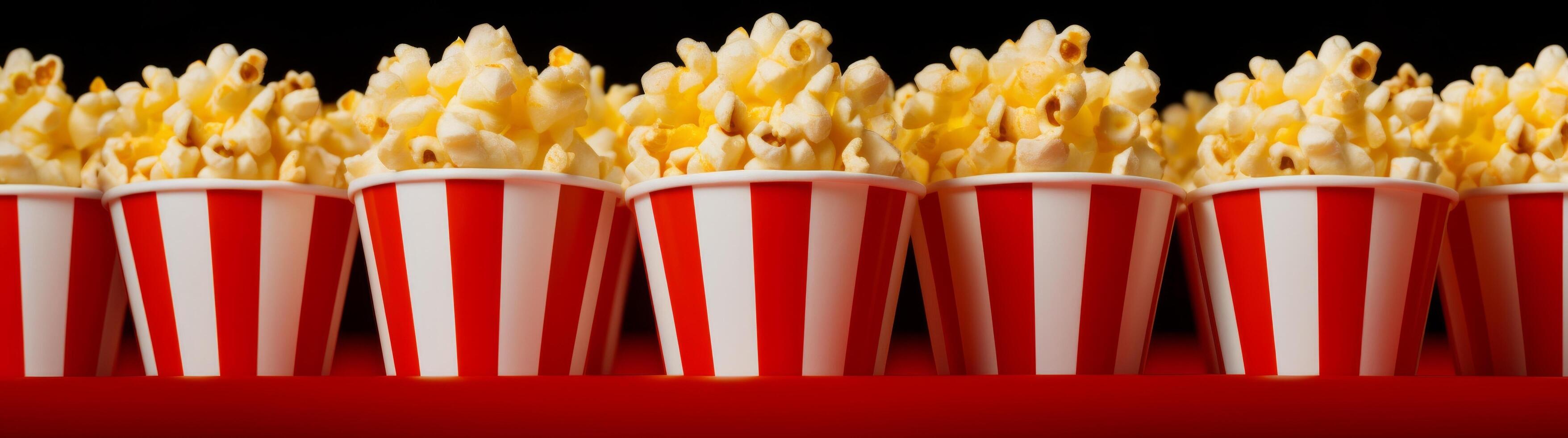 Delicious popcorn in red and white striped containers photo