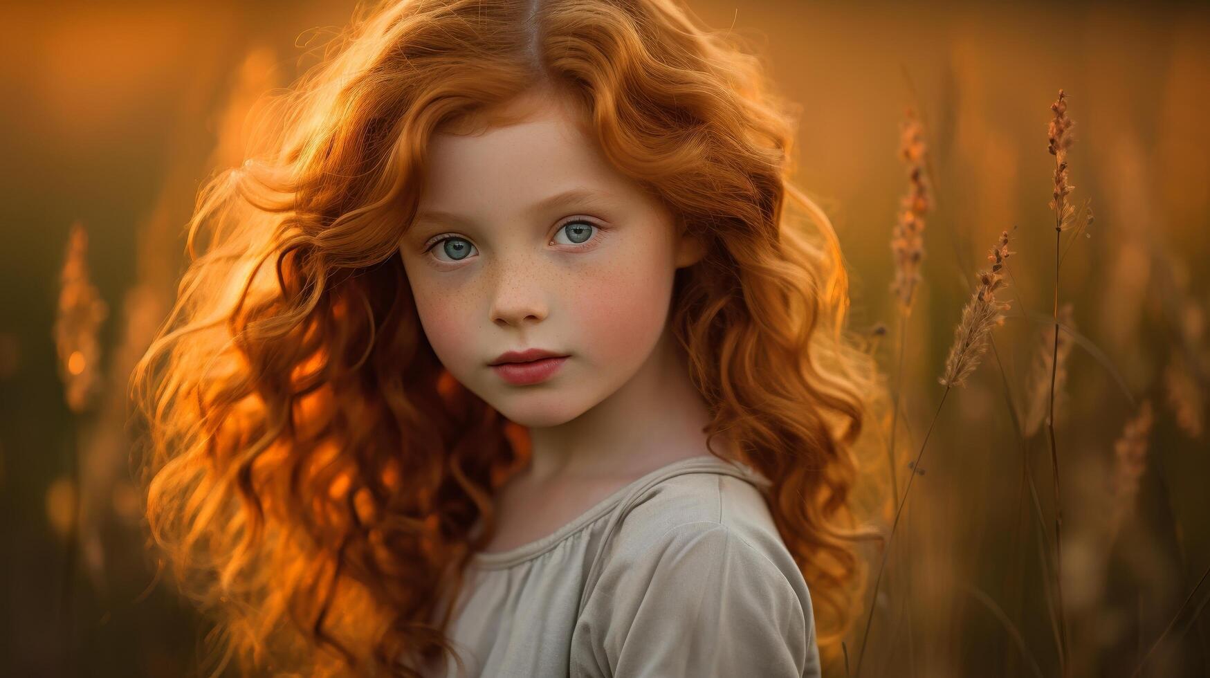 Enchanting portrait of a young girl with vibrant red curly hair photo