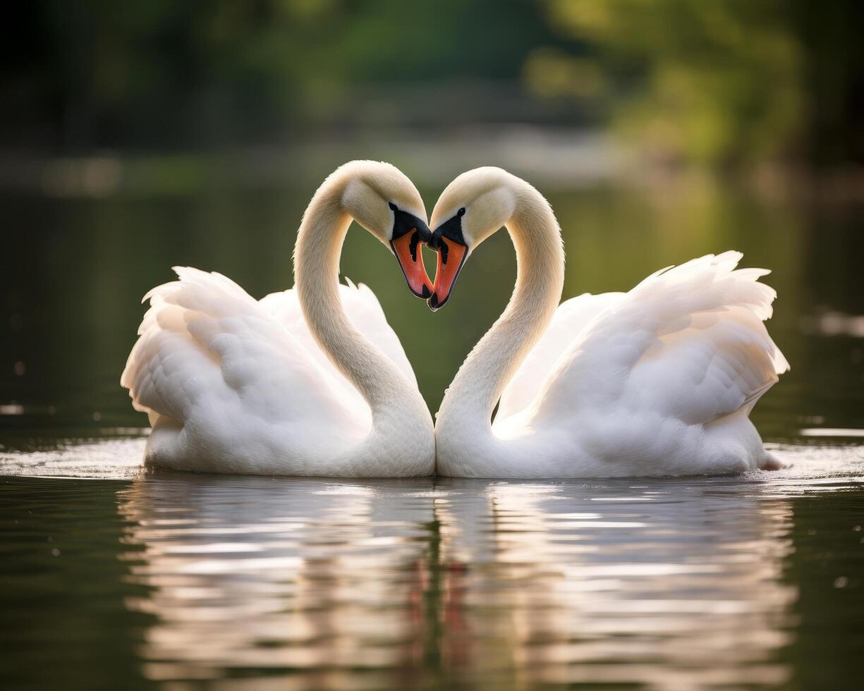 Loving swans forming a heart shape in water photo