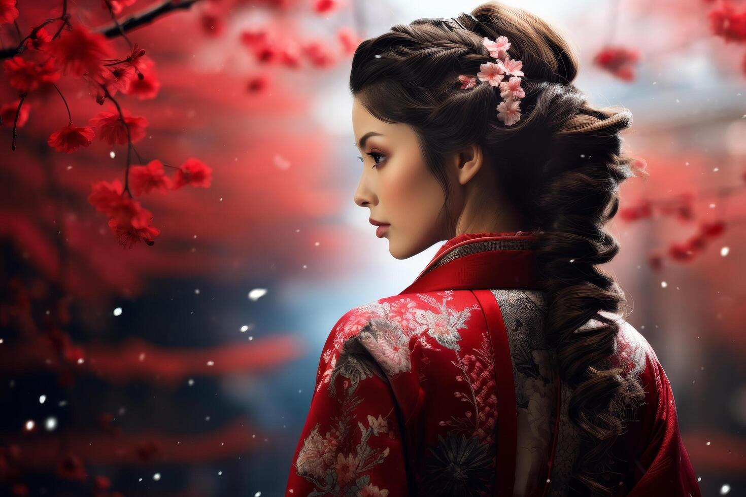 beautiful asian woman in traditional red kimono photo