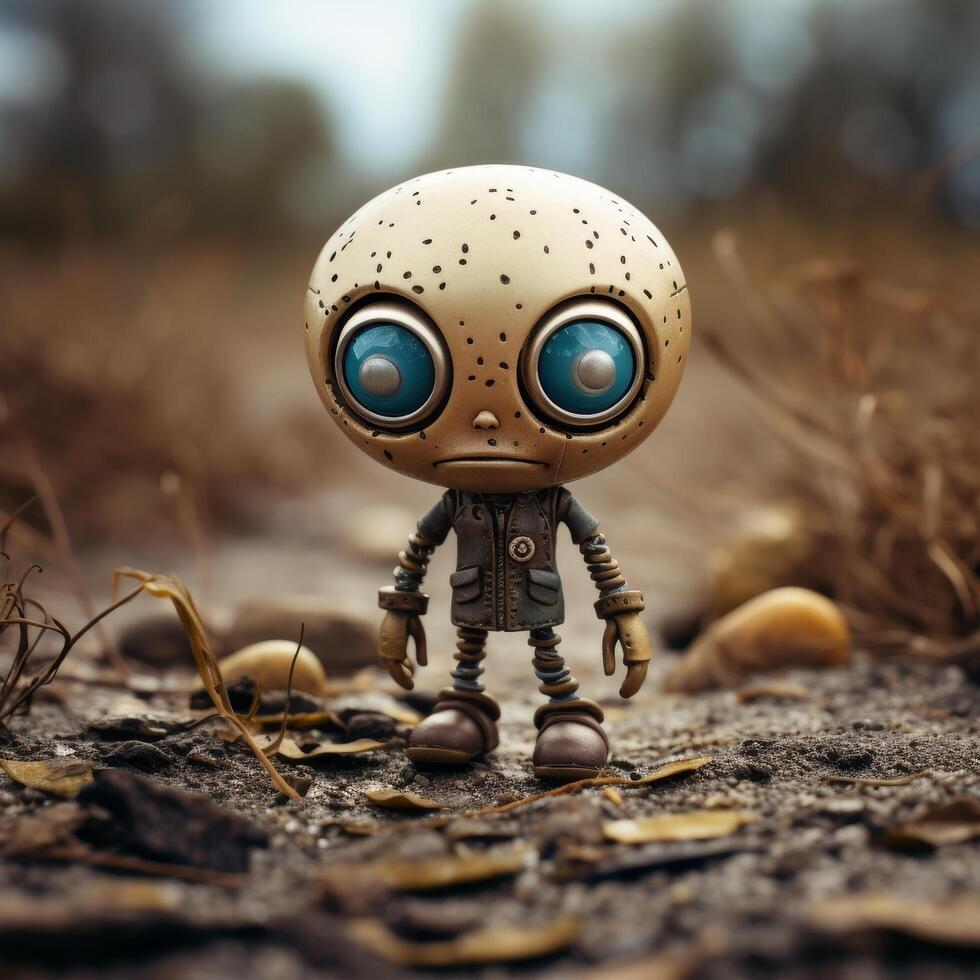 Whimsical toy robot in the forest photo