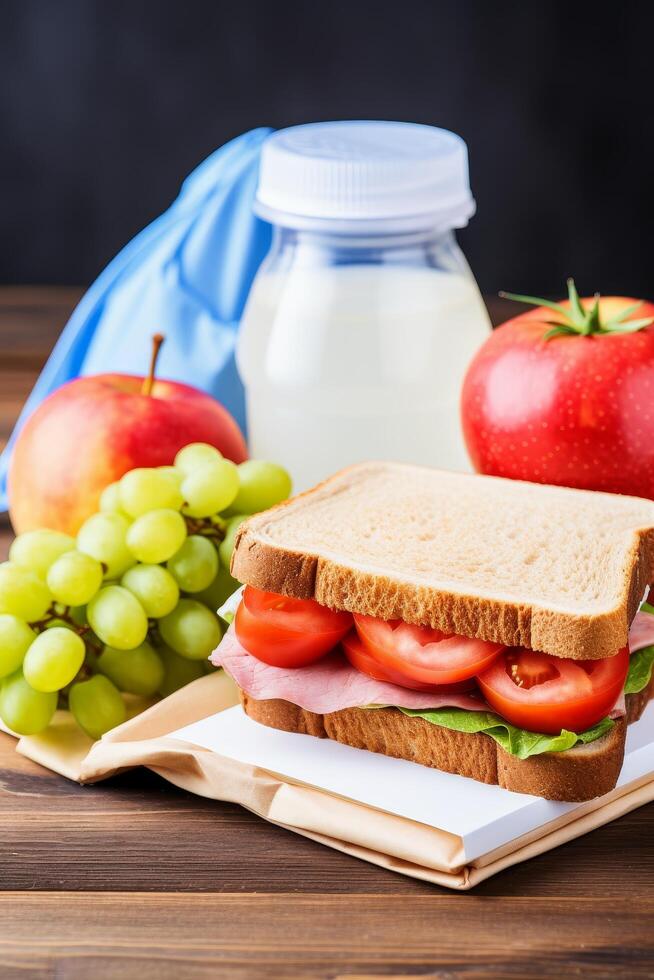 Healthy lunch with sandwich, fruit, and milk photo