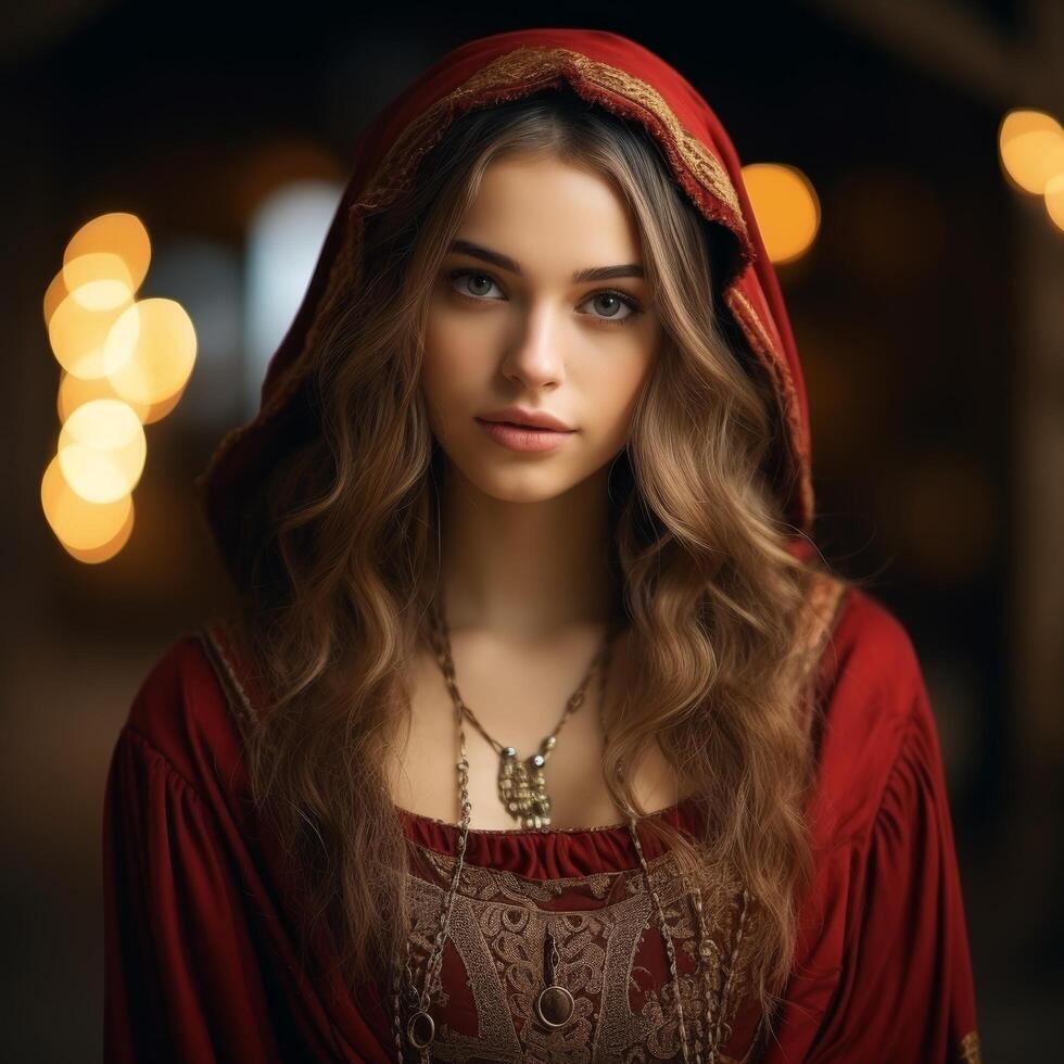 woman in red hooded cloak photo