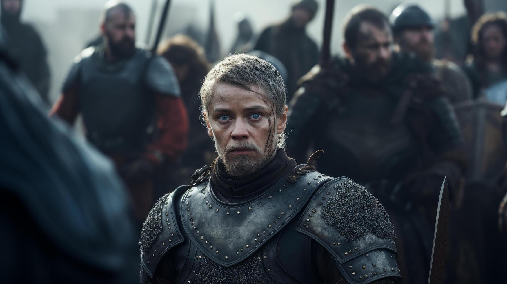 medieval warrior in armor leading a group photo