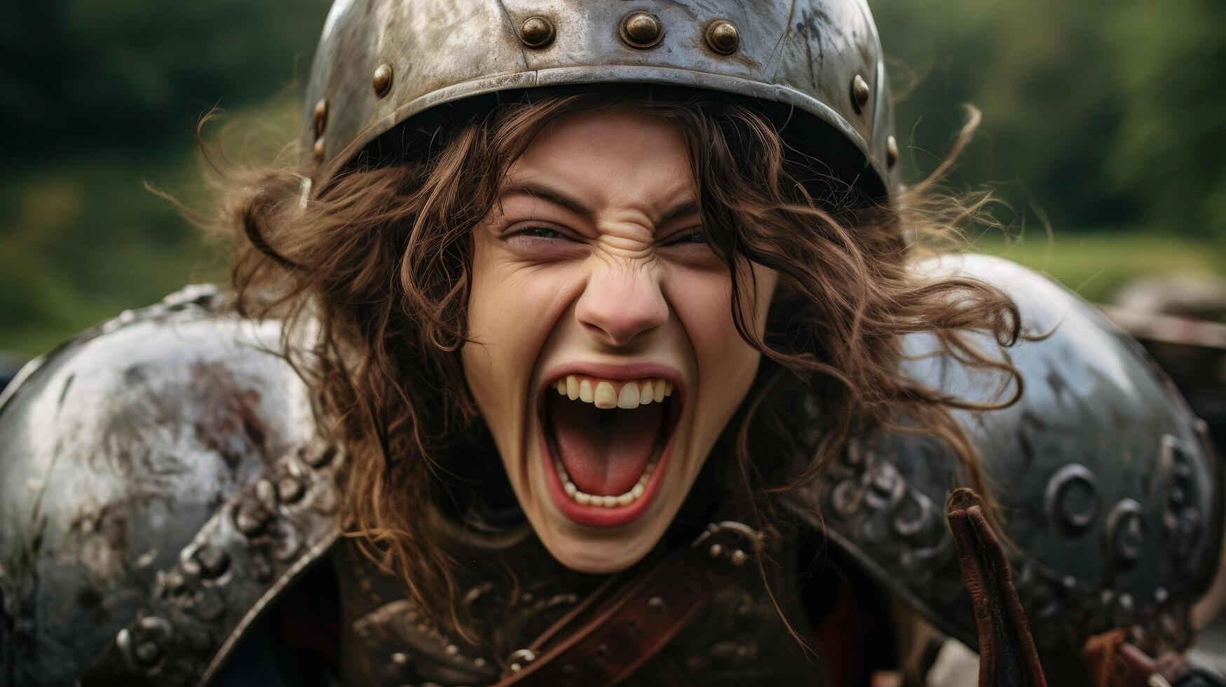 Fierce warrior woman screaming in battle helmet photo